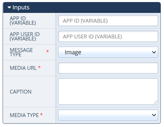 Additional Inputs fields appear if "Image" is selected from the Message Type drop-down list
